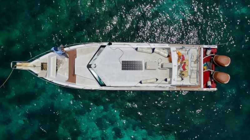 Aerial drone view speedboat deck Komodo National Park Indonesia